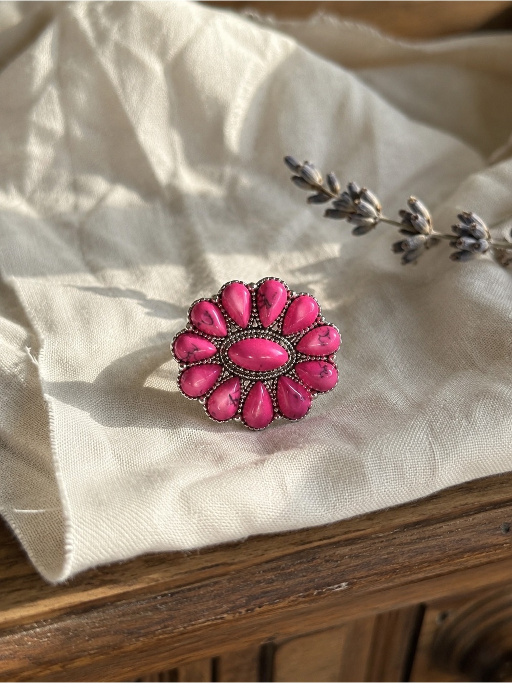 Handcrafted Pink Flower Statement Ring - Silver Tone
